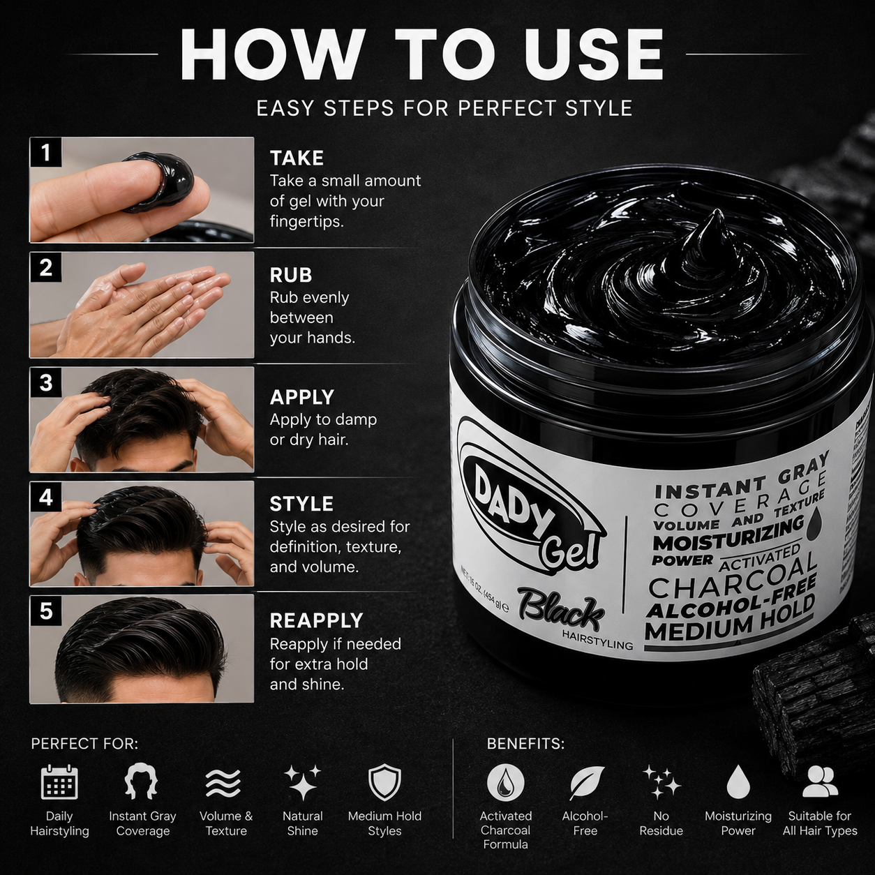 DADY Gel Black 16 Oz – Instant Gray Coverage Hair Styling Gel with Activated Charcoal | Alcohol-Free | Medium Hold | Moisturizing Formula