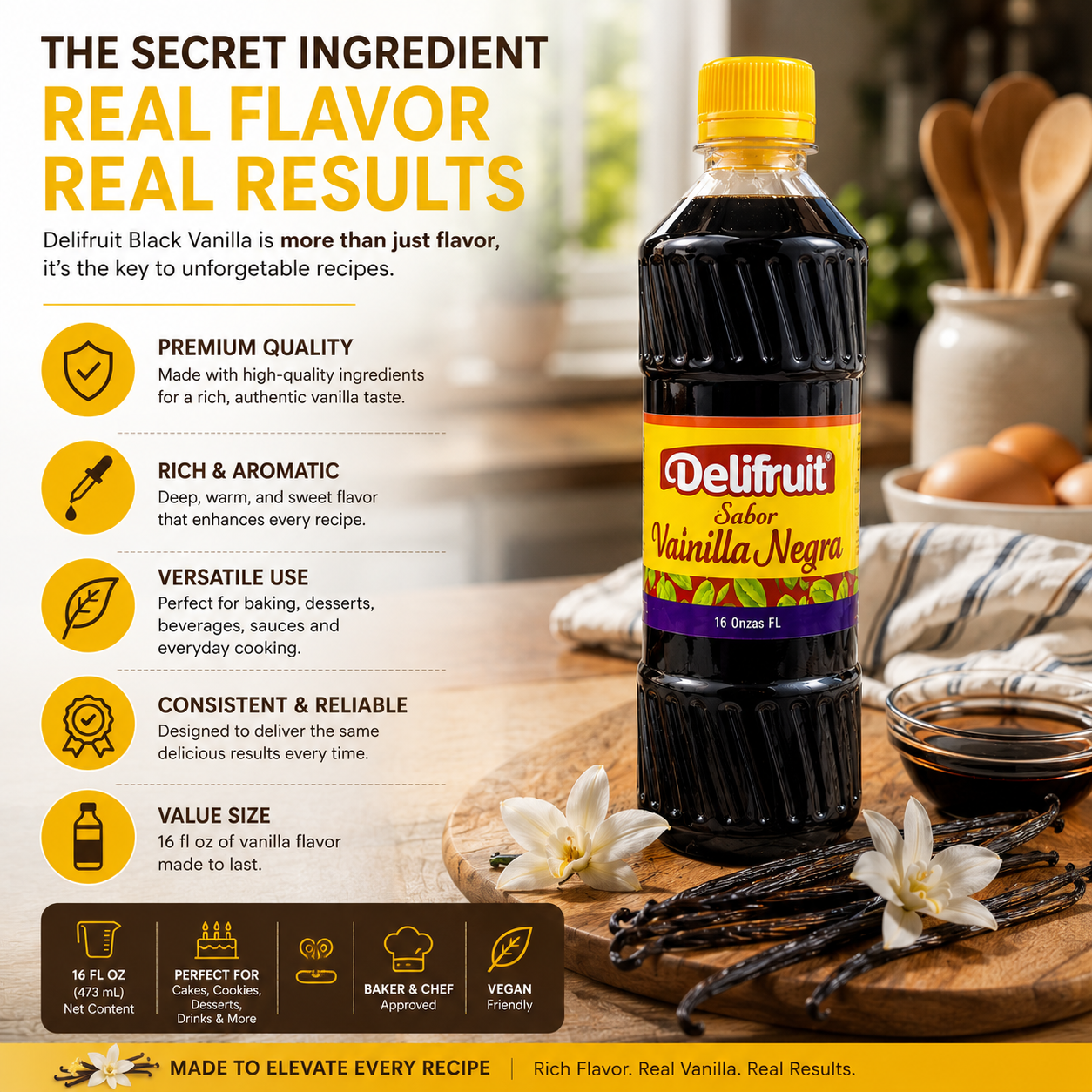 Delifruit Black Vanilla Extract – Premium Flavor for Baking & Desserts - 16 oz