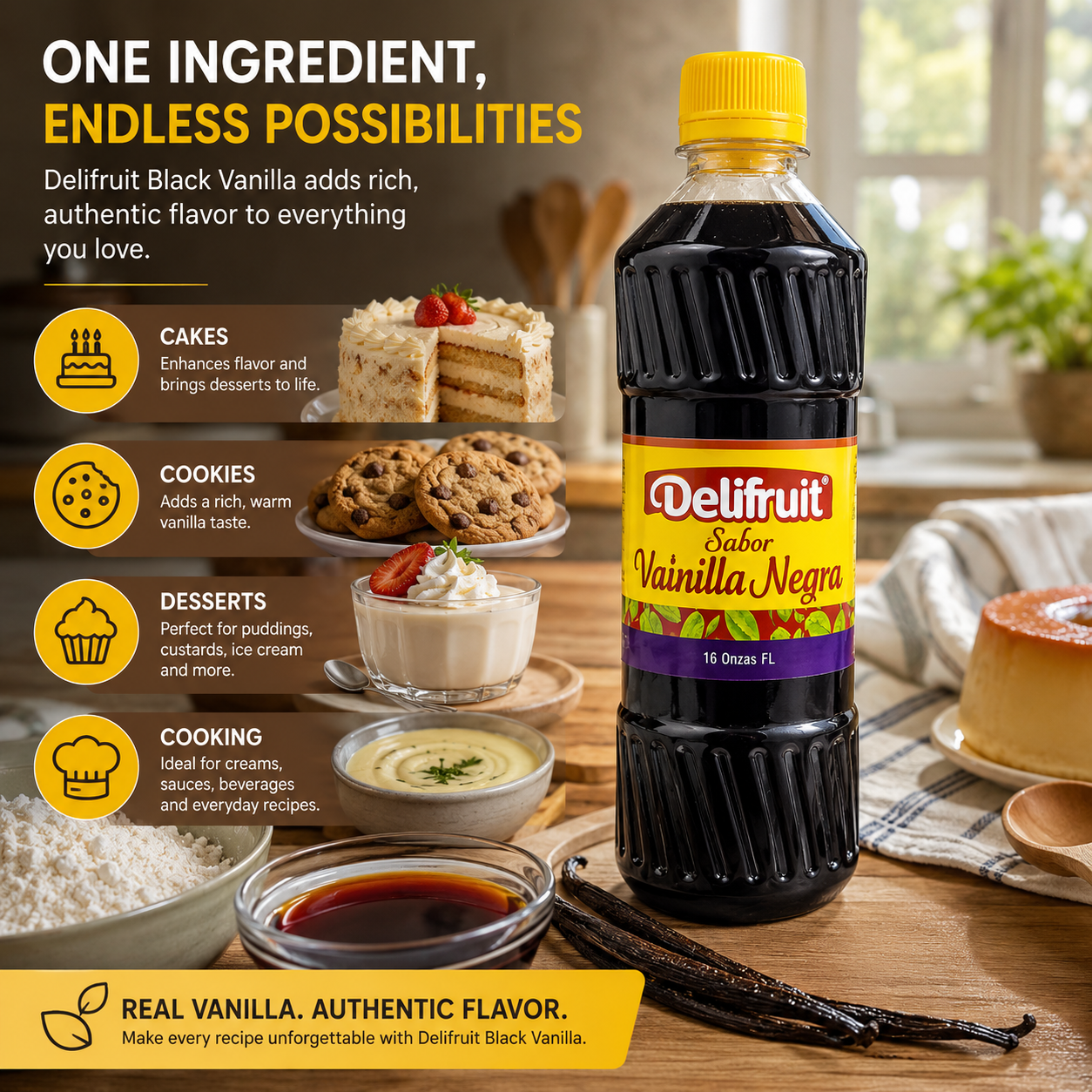 Delifruit Black Vanilla Extract – Premium Flavor for Baking & Desserts - 16 oz