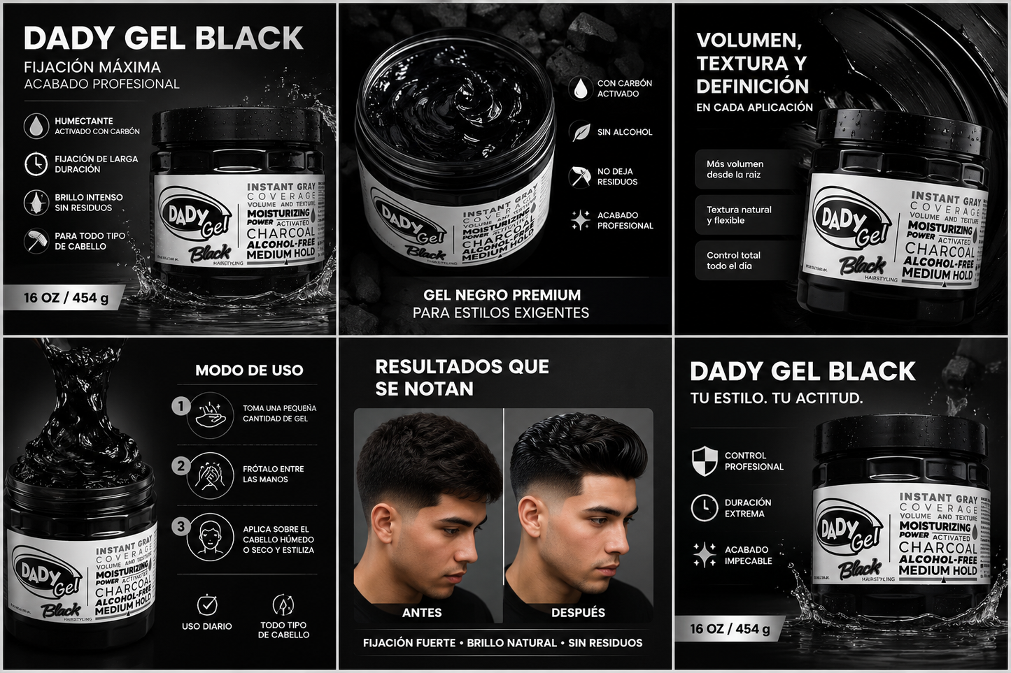DADY Gel Black 16 Oz – Instant Gray Coverage Hair Styling Gel with Activated Charcoal | Alcohol-Free | Medium Hold | Moisturizing Formula