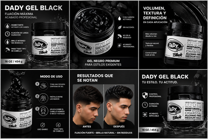 DADY Gel Black 16 Oz – Instant Gray Coverage Hair Styling Gel with Activated Charcoal | Alcohol-Free | Medium Hold | Moisturizing Formula