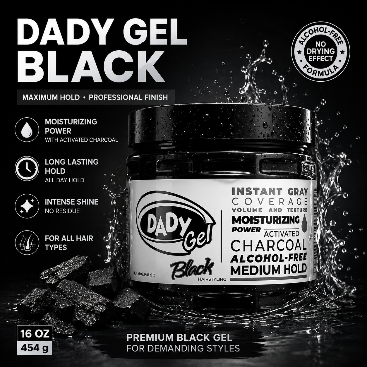 DADY Gel Black 16 Oz – Instant Gray Coverage Hair Styling Gel with Activated Charcoal | Alcohol-Free | Medium Hold | Moisturizing Formula