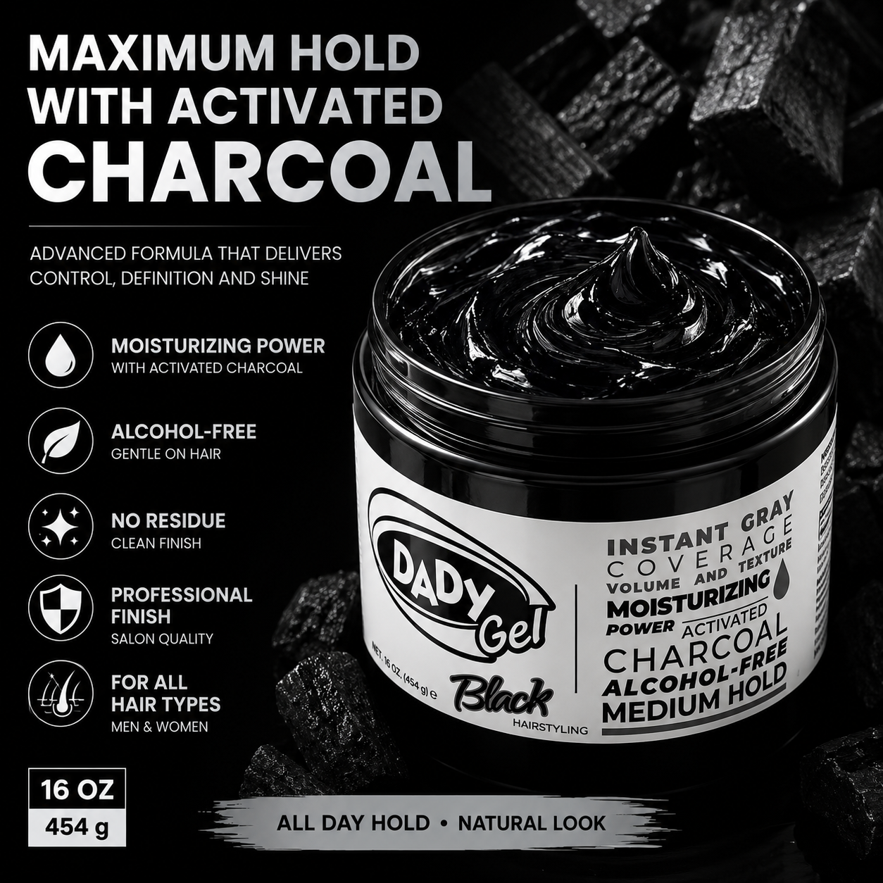 DADY Gel Black 16 Oz – Instant Gray Coverage Hair Styling Gel with Activated Charcoal | Alcohol-Free | Medium Hold | Moisturizing Formula
