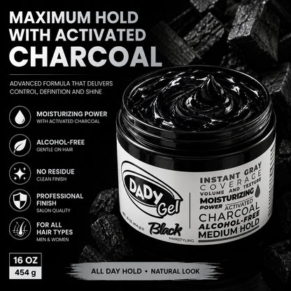 DADY Gel Black 16 Oz – Instant Gray Coverage Hair Styling Gel with Activated Charcoal | Alcohol-Free | Medium Hold | Moisturizing Formula